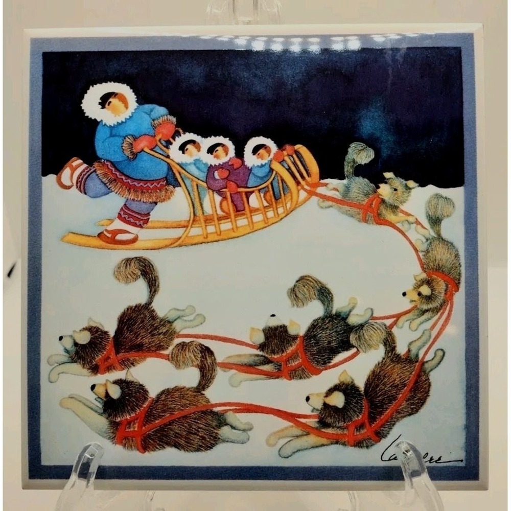 Barbara Lavallee Alaskan Tile Trivet Inuit Eskimo Art Dog Sled Husky Signed 6 in